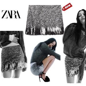 Zara metallic silver sequin mini skirt Sz L NWT